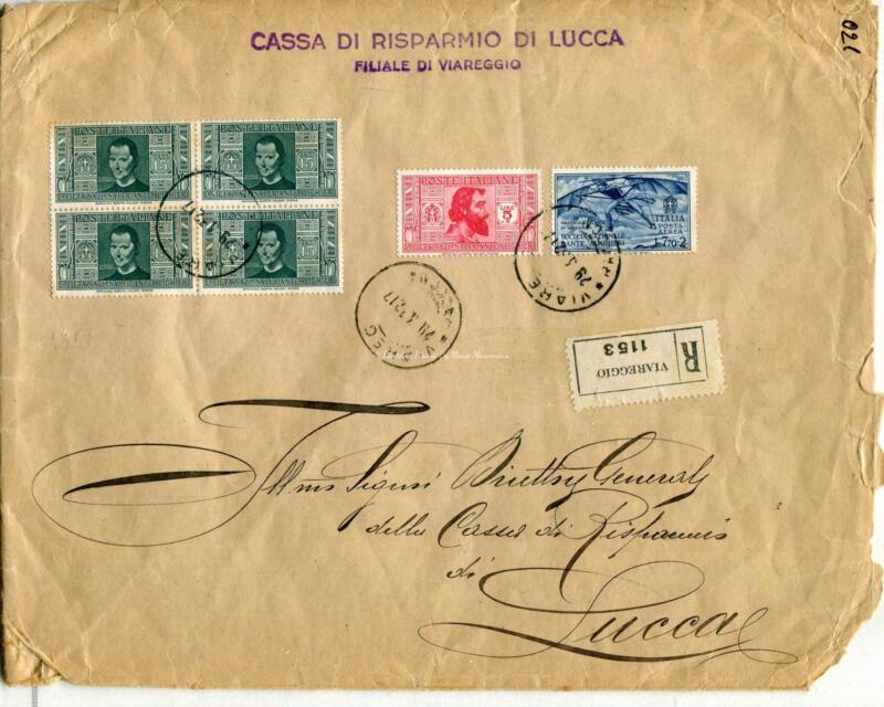 Storia postale. Raccomandata da Viareggio R 1153 del 29/05/1932 a Lucca 30/05/1932