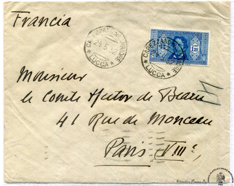 Storia postale. Lettera da Lucca 24/05/1932 a Parigi 27/05/1932