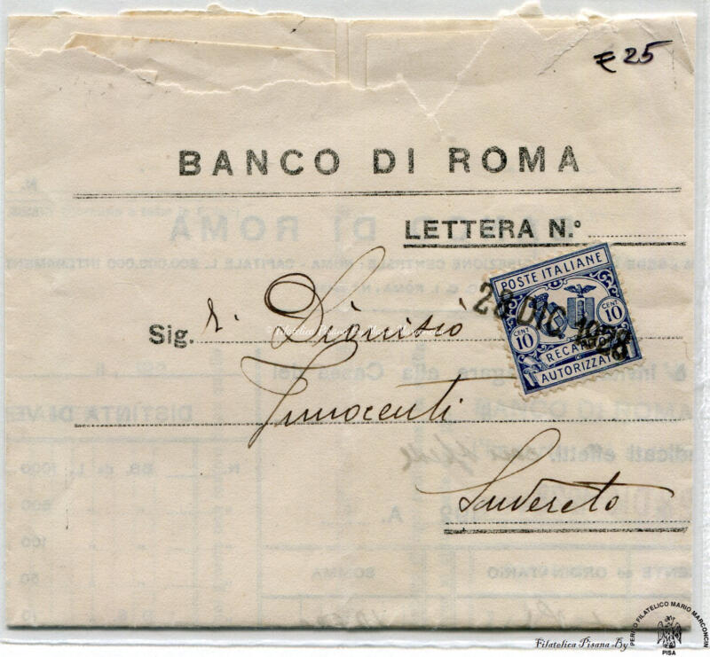 Storia postale. Banco di Roma 28 DIC 1928 a Suvereto