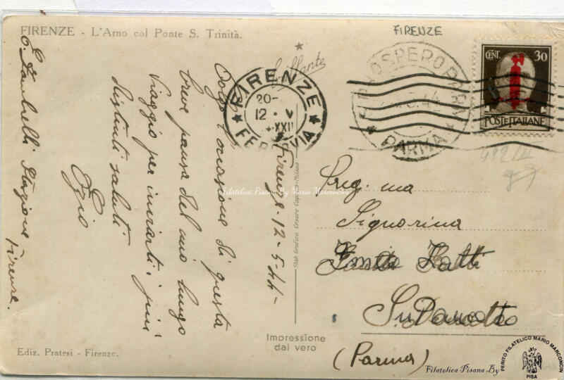 Storia postale. Cartolina da Firenze 12/05/1944 a San Prospero (Parma)
