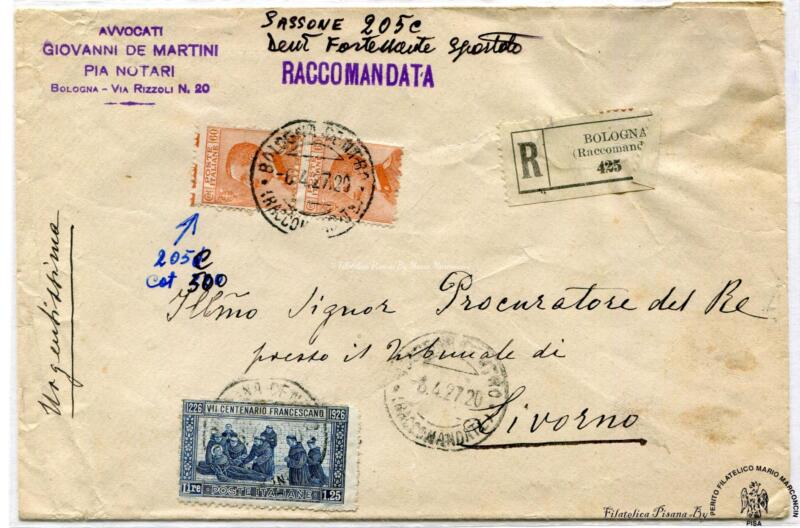 Storia postale. Raccomandata da Bologna R. 425 del 06/04/1927 a Livorno 07/04/1927
