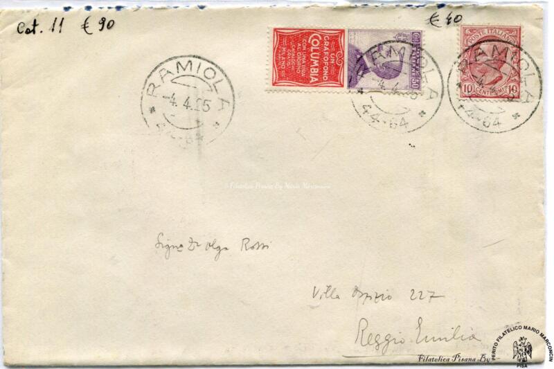 Storia postale. Lettera da Ramiola 04/04/1925 a Reggio Emilia 04/04/1925