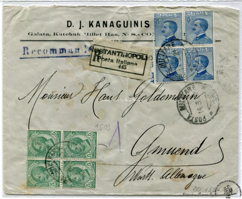 Storia postale. Posta militare. Raccomandata da Costantinopoli R 445 (Posta italiana) del 14/03/1921 a Gmuend Wurttemberg Germania