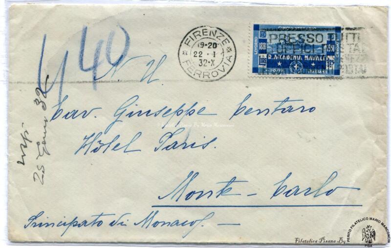 Storia postale. Posta estera. Lettera da Firenze 22/01/1932 fiamma pubblicitaria a Mont Carlo (Principato di Monaco)