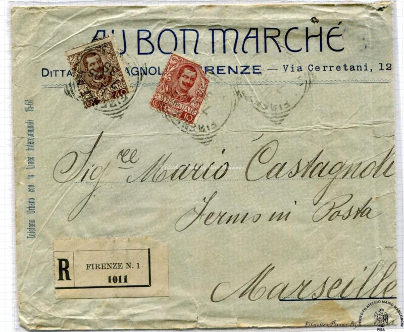 Storia postale. Posta estera. Raccomandata da Firenze N. 1 R 1011 del 11/07/1906 a Marseille (Fr) 12/07/1906