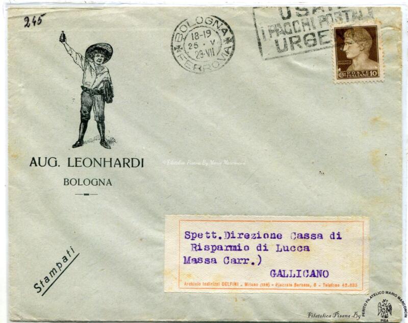 Storia postale. Stampati da Bologna 25/05/1929 a Gallicano (Lucca) fiamma pubblicitaria