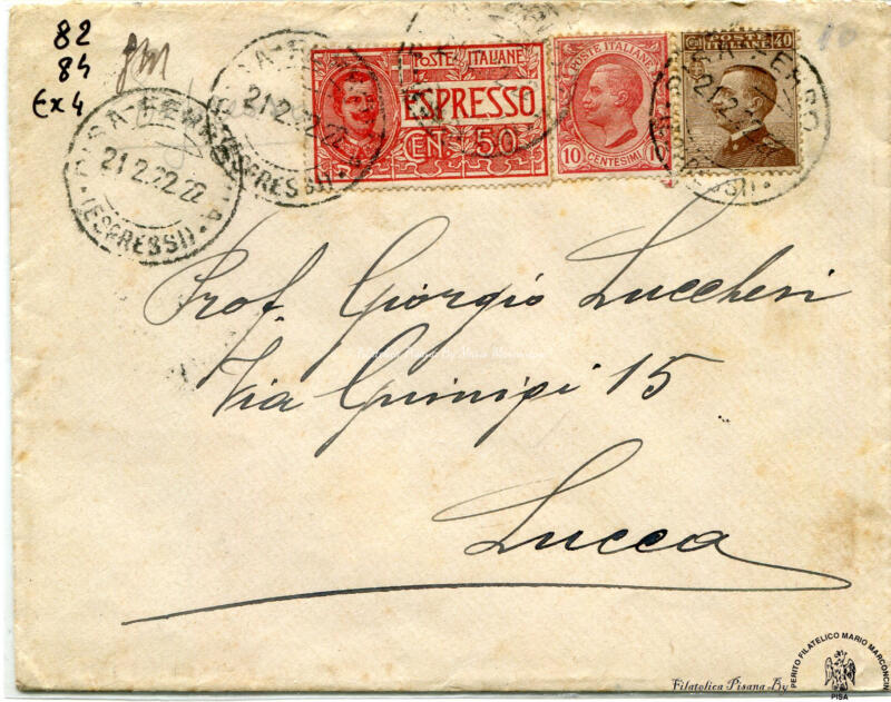 Storia postale. Espresso da Pisa 21/02/1922 a Lucca 22/02/1922