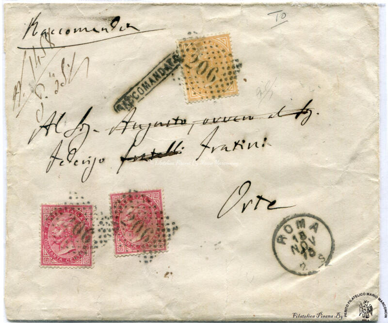 Storia postale. Raccomandata da Roma R 1458 18/11/1876 a Orte 19/11/1876