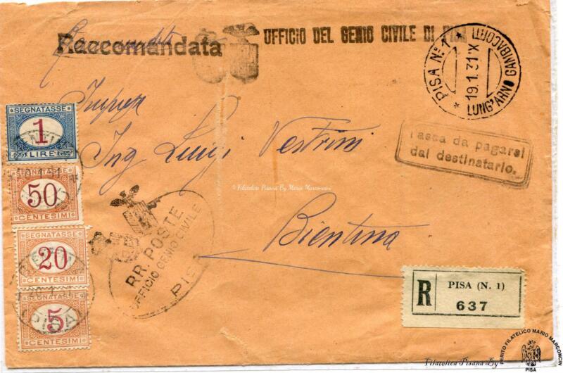 Storia postale. Raccomandata da Pisa N. 1 R. 637 del 19/01/1931 a Bientina 19/01/1931