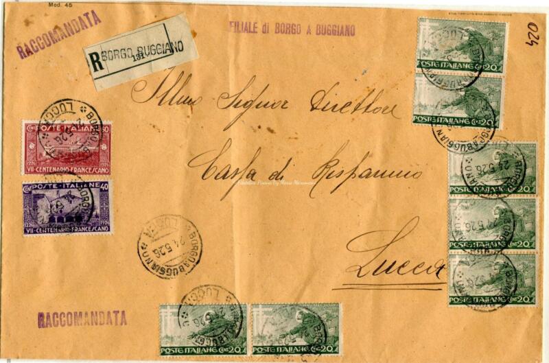 Storia postale. Raccomandata 131 da Borgo Buggiano 24/5/1926 a Lucca 25/5/1926