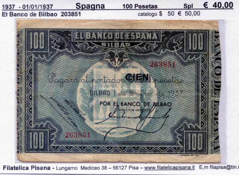 Banconota Spagna 01/01/1937 - Bilbao Pesetas 100