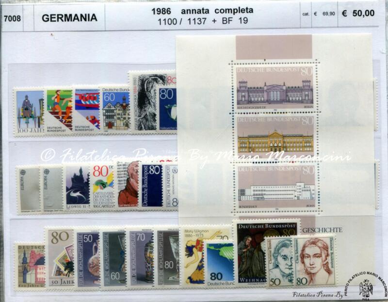 Francobolli e foglietto Germania Anno 1986 Annata completa (cat. n. 1100-1137 + BF n. 19)