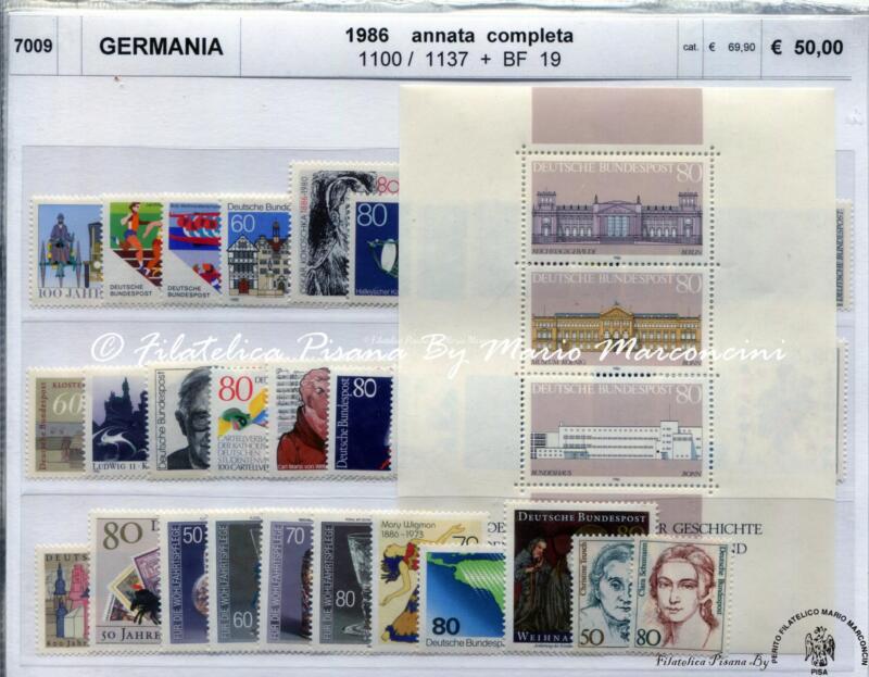 Francobolli e foglietto Germania Anno 1986 Annata completa (cat. n. 1100-1137 + BF n. 19)