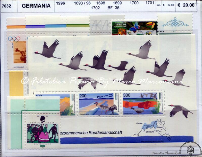 Francobolli e Foglietto Germania Anno 1996 Varie emissioni Tematiche Sport, Olimpiadi, Fauna, Uccelli