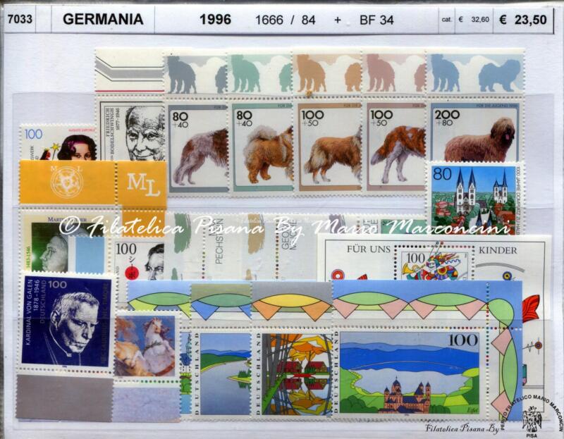 Francobolli e Foglietto Germania Anno 1996 Varie emissioni Tematiche Fauna, Cani, Personaggi Illustri, Vedute