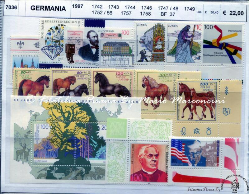 Francobolli e Foglietto Germania Anno 1997 Varie emissioni Tematiche Fauna, Cavalli, Personaggi Illustri