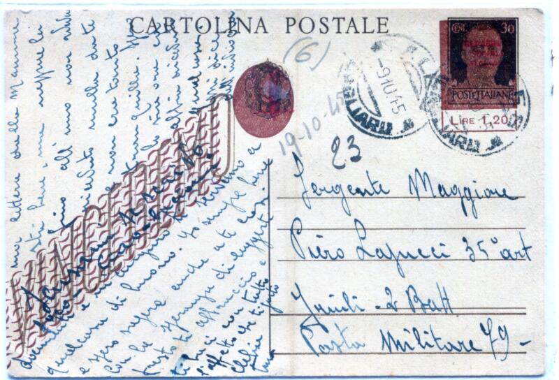 Cartolina postale Italia 1945 "mascherina" lire 1,20 su Ct 30