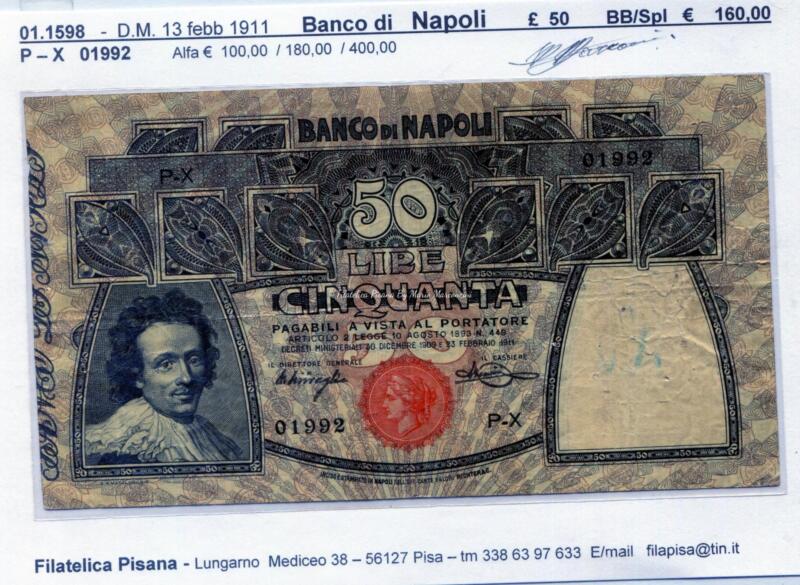 Banconota Regno d'Italia Banco di Napoli Anno 1911 Lire 50
