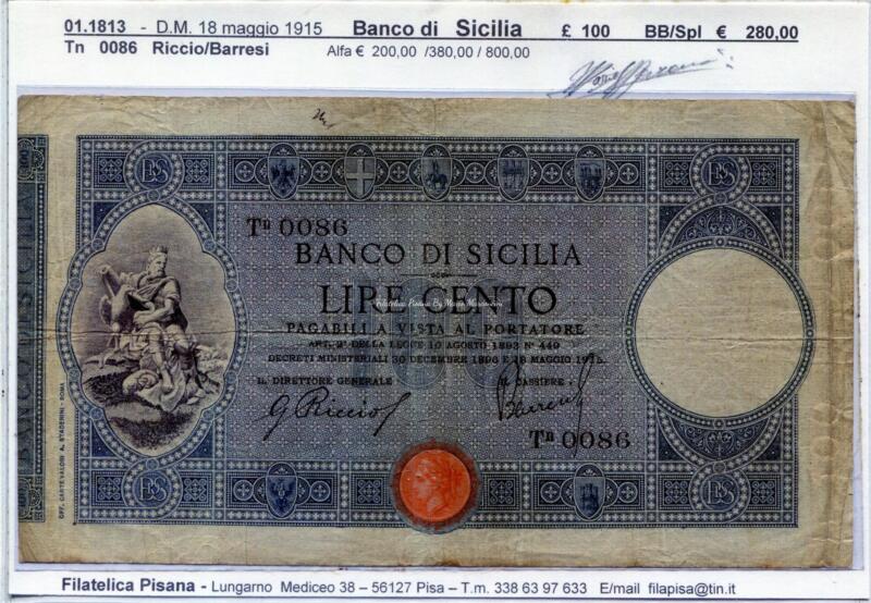 18  Banco di Sicilia   1915   £ire  100