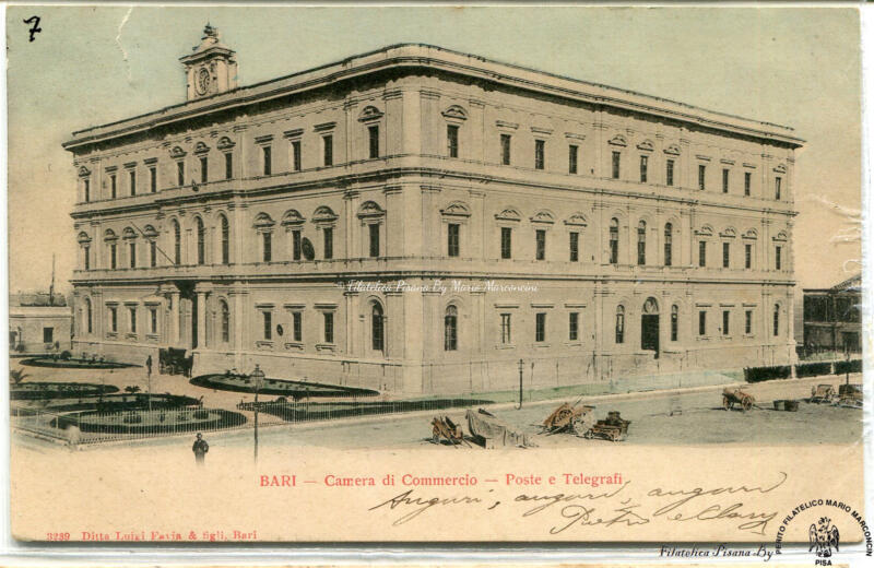 Cartolina illustrata. Bari - Camera Commercio - Poste e Telegrafi