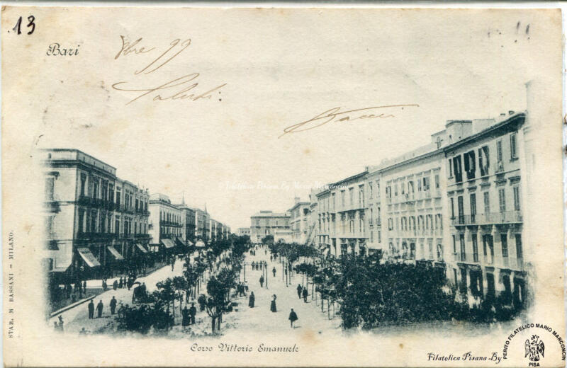 Cartolina illustrata. Bari - Corso Vittorio Emanuele, viaggiata novembre 1899