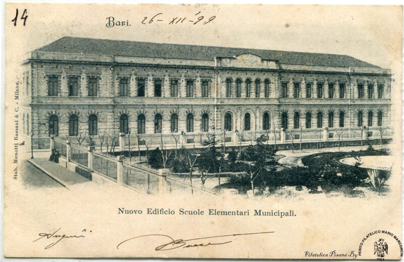 Cartolina illustrata. Bari - Nuovo edificio Scuole elementari municipali