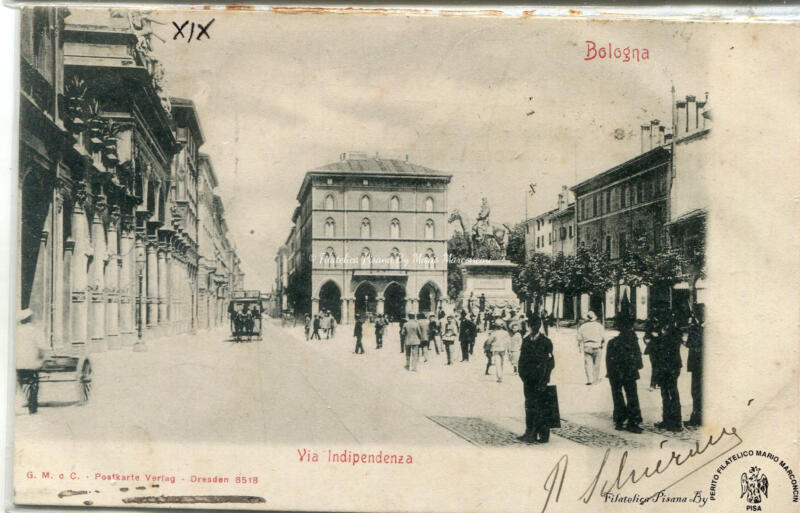 Cartolina illustrata. Bologna - Via Indipendenza