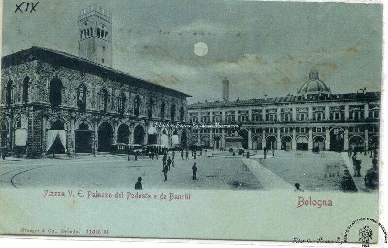 Cartolina illustrata. Bologna - Piazza V. E. Palazzo del Podestà e de Banchi