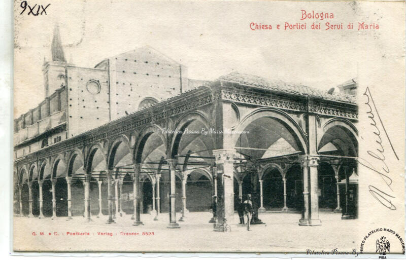 Cartolina illustrata. Bologna - Chiesa e Portici dei Servi di Maria