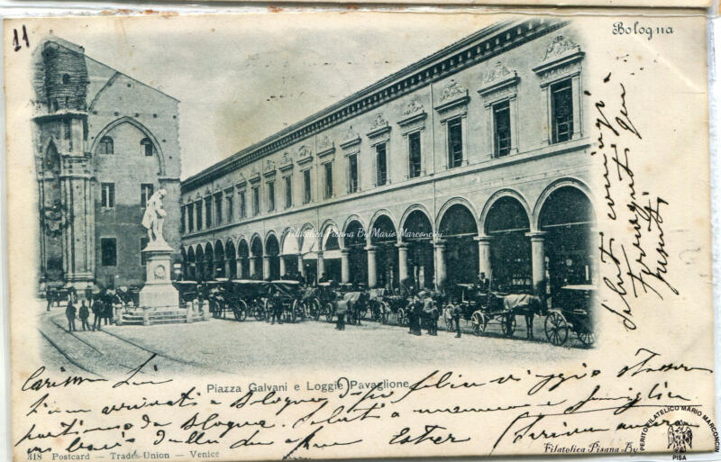Cartolina illustrata. Bologna - Piazza Galvani e Logge Pavaglione