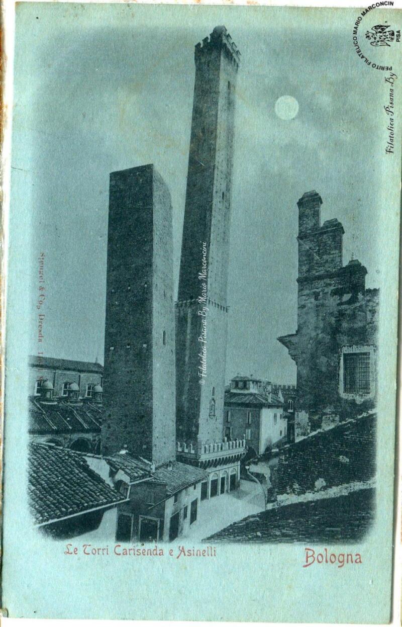 Cartolina illustrata. Bologna - Le Torri Garisenda e Asinelli