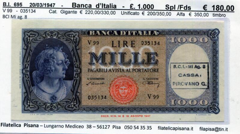 Banconota Banca d’Italia – Anno 1947 Lire 1.000