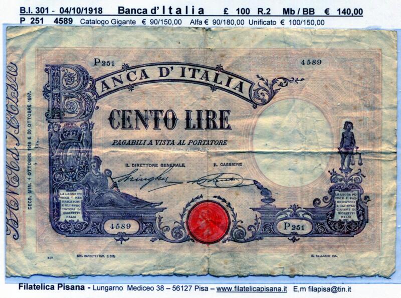 Banconota Banca d'Italia - Anno 1918 Lire 100