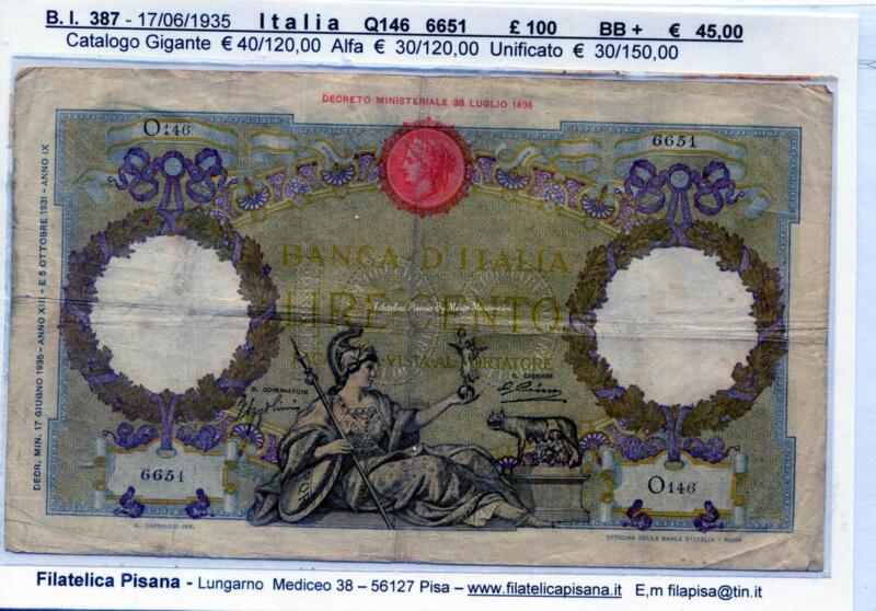 Banconota Banca d'Italia Regno d'Italia - Anno 1935 Lire 100