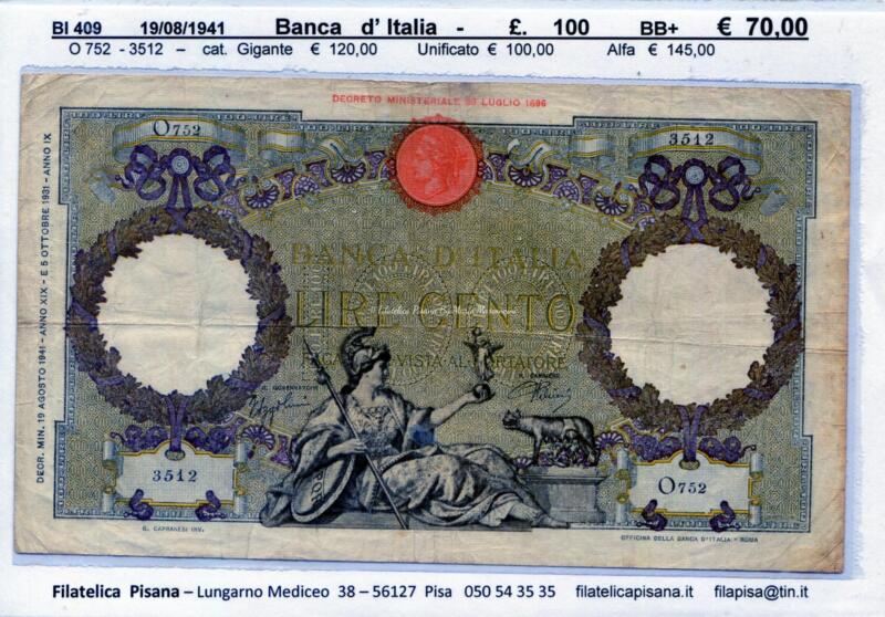 Banconota Banca d'Italia Regno d'Italia - Anno 1941 Lire 100