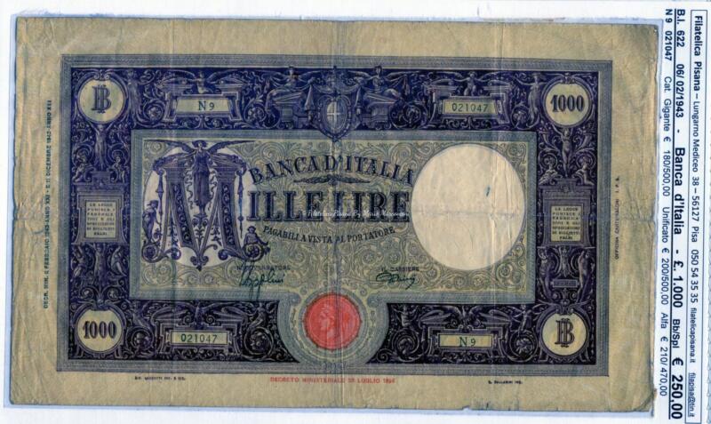 Banconota Banca d'Italia Regno d'Italia - Anno 1943 Lire 1.000