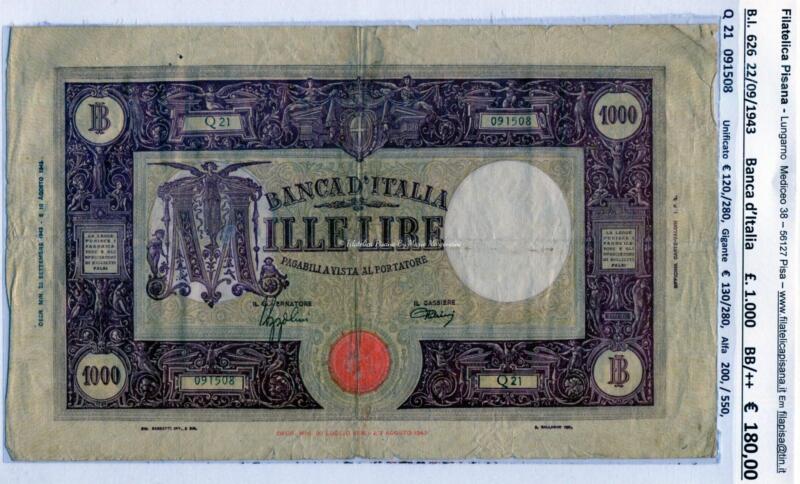 Banconota Banca d'Italia Regno d'Italia - Anno 1943 Lire 1.000