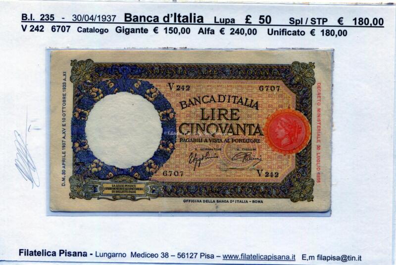 10   Banca  d'Italia   1937  Lupa   £  50