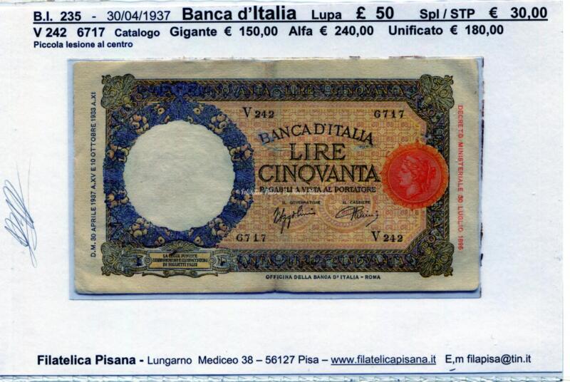 12   Banca d'Italia  1937  Lupa  £  50