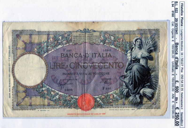 Banconota Banca d'Italia Regno d'Italia - Anno 1941 Lire 500