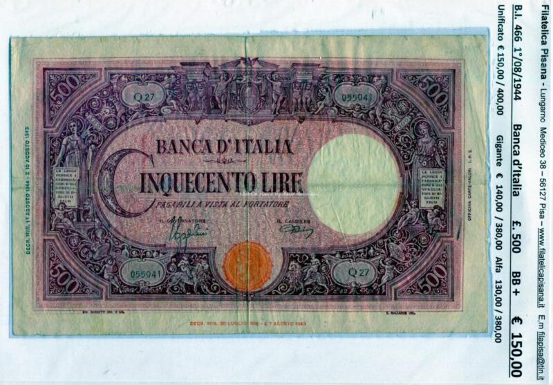 Banconota Banca d'Italia Regno d'Italia - Anno 1944 Lire 500