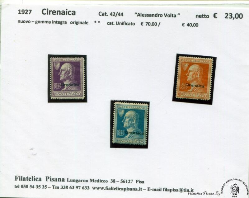 Francobolli Colonie Italiane Cirenaica Anno 1927 Serie completa Volta Soprastampati (cat. n. 42-44)