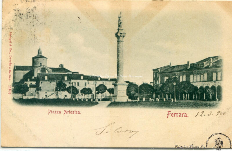 Cartolina illustrata. Ferrara - Piazza Ariostea, viaggiata 12/03/1900