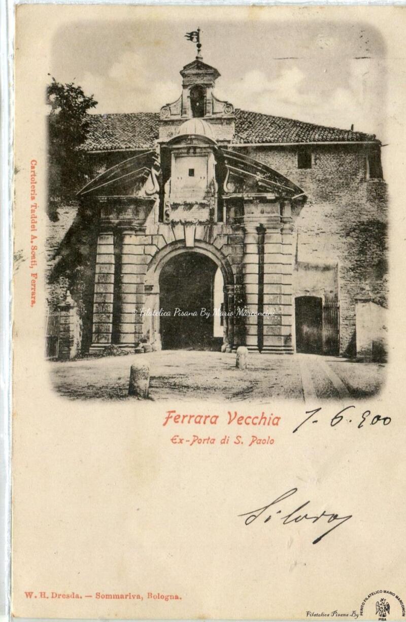 Cartolina illustrata Ferrara Vecchia. Ex-porta di S. Paolo