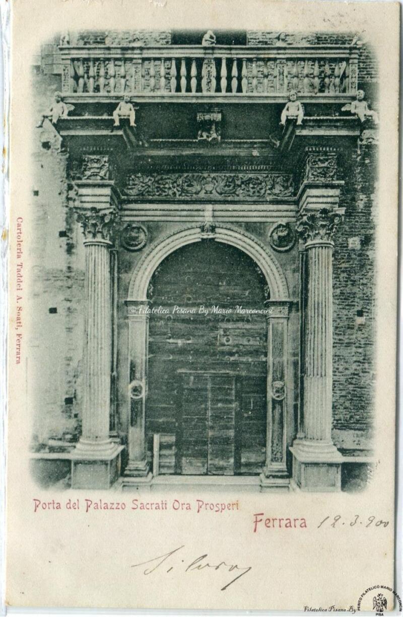Cartolina illustrata Ferrara. Porta del Palazzo Sacrati Ora Prosperi