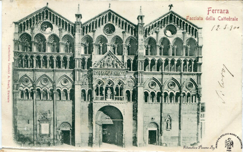 Cartolina illustrata Ferrara. Facciata della Cattedrale
