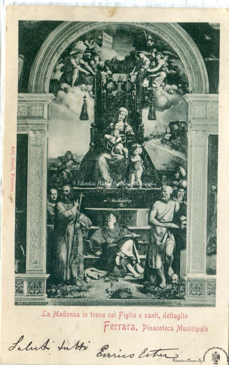 Cartolina illustrata Ferrara. Pinacoteca Municipale. La Madonna in trono col Figlio e santi, dettaglio