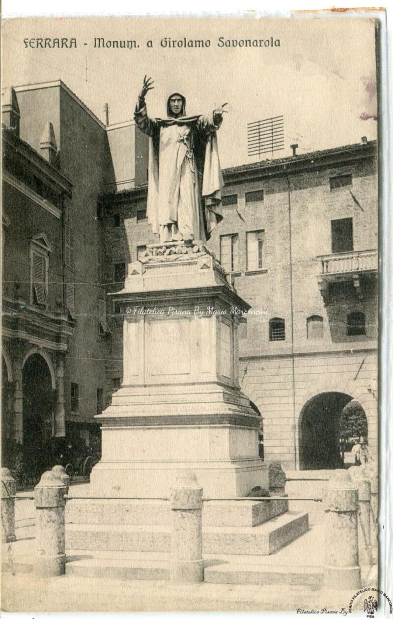 Cartolina illustrata Ferrara. Monumento a Girolamo Savonarola
