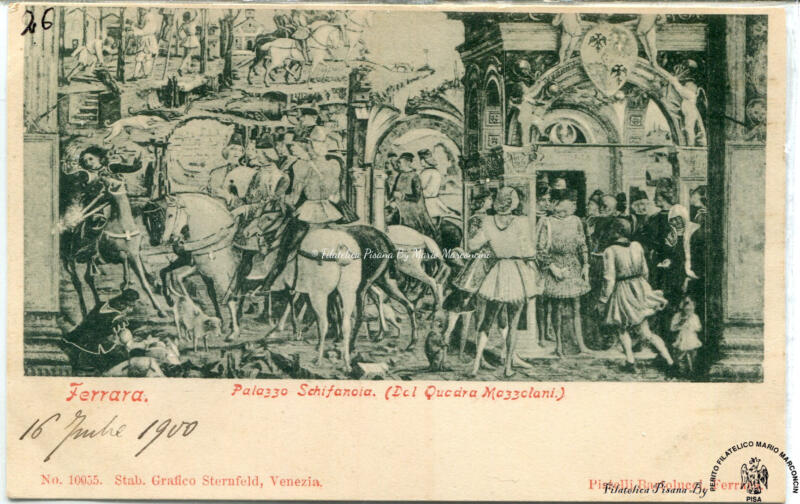 Cartolina illustrata Ferrara. Palazzo Schifanoia (Del Quadra Mazzolani)