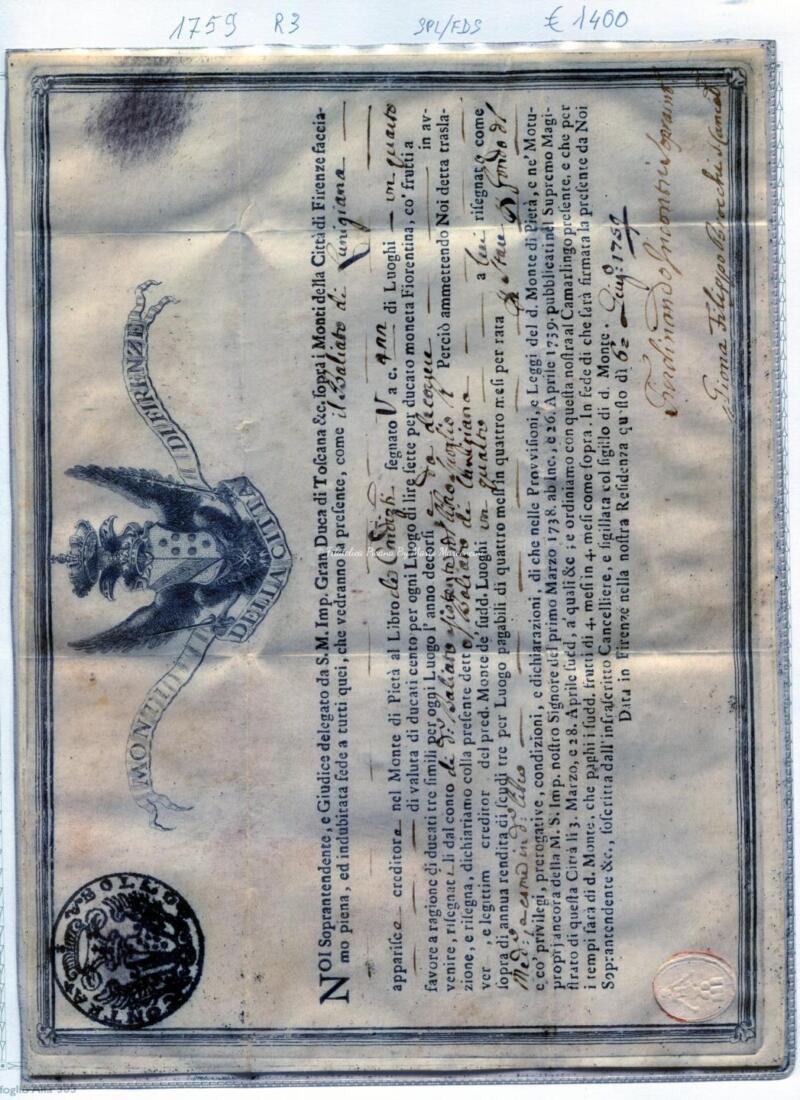 Antichi stati - Granducato di Toscana Baliato Di Lunigiana Anno 1759 Documento di credito